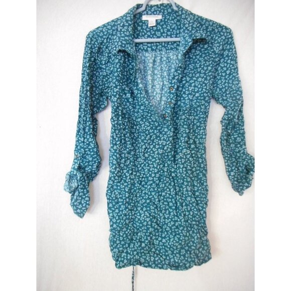 Maternity Motherhood Sz L green floral tie back tab long sleeve button v neck - Picture 1 of 5